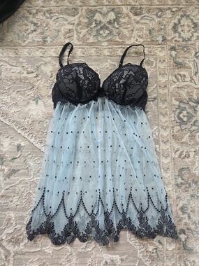 Black Lace & Pale Blue Mesh Babydoll Chemise with Embroidered Hem